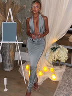 Elegant Satin Deep V Neck Sleeveless Maxi Party Dress