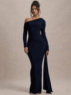 Skew Collar Long Sleeve Maxi Dress