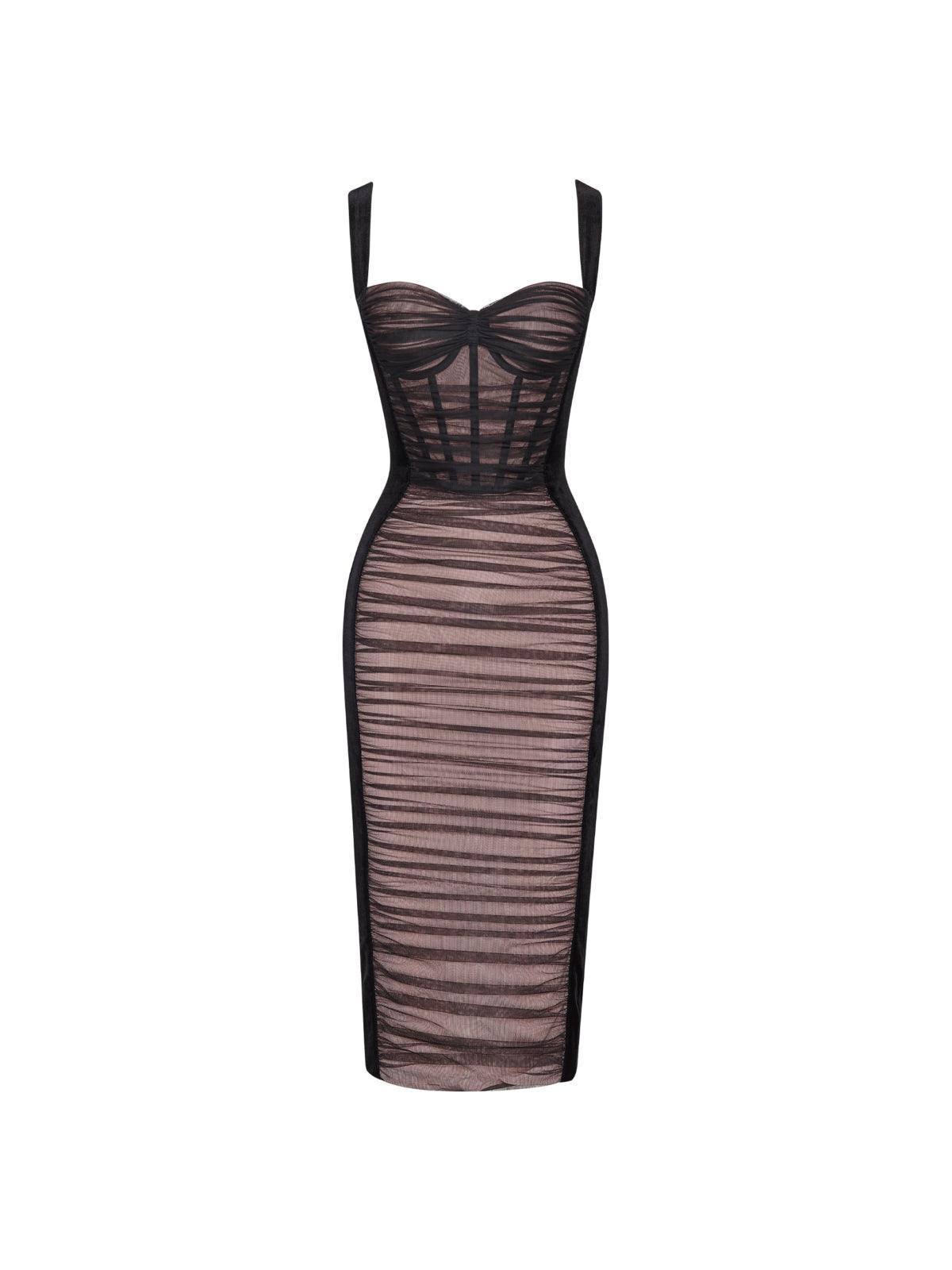 Muriel Mesh Ruched Velvet Midi Dress In Black