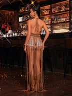 Halterneck Fringe Knitted Cover Up Dress