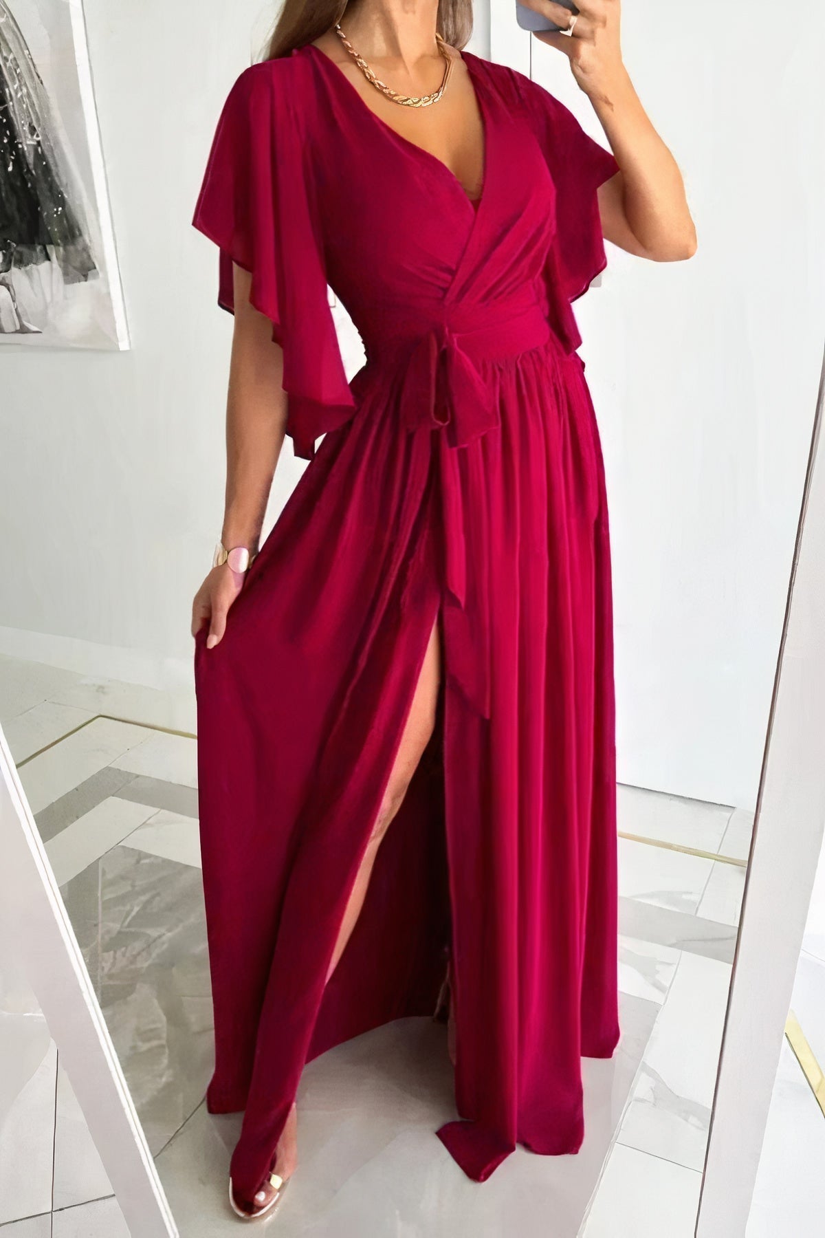Danna Statement V Neck Dress with Slit Premium Wardrobe Essential