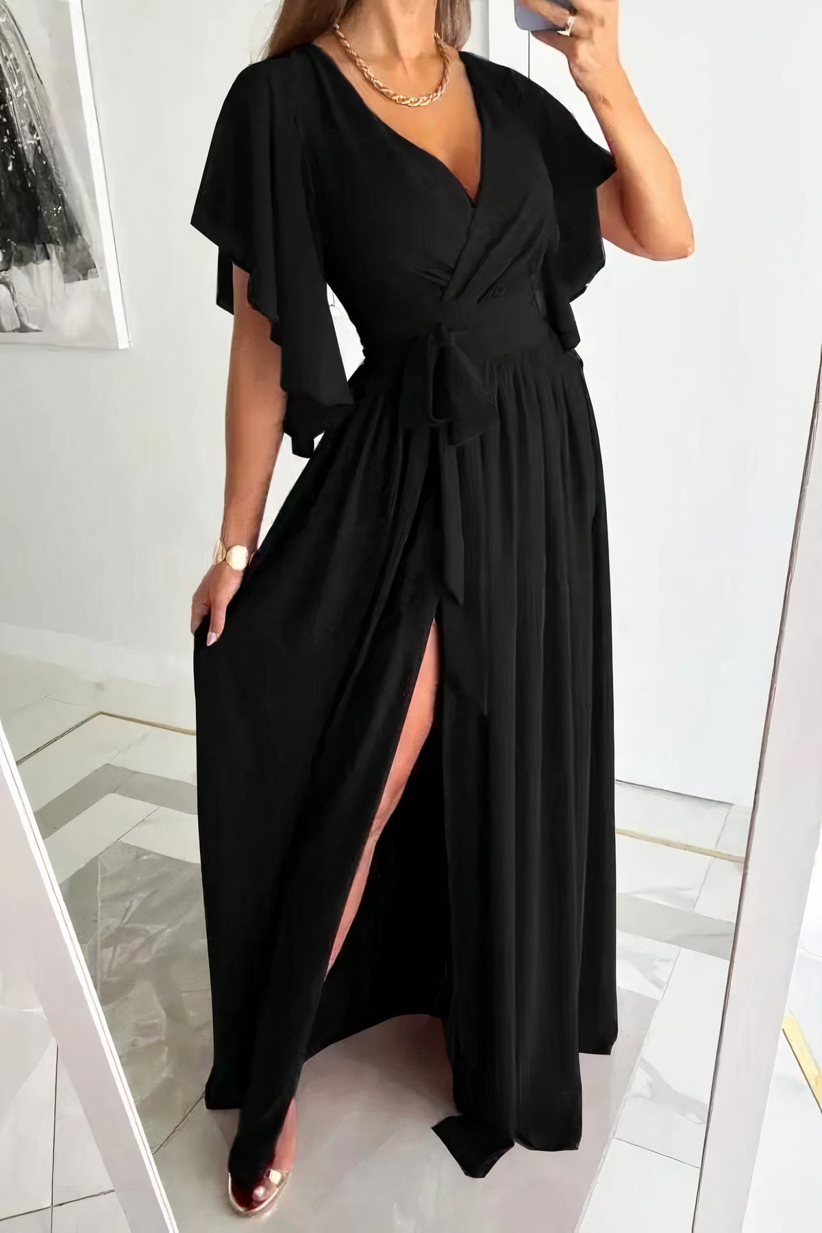 Danna Statement V Neck Dress with Slit Premium Wardrobe Essential