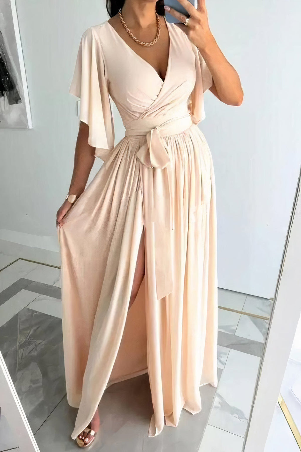 Danna Statement V Neck Dress with Slit Premium Wardrobe Essential
