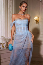 Astrarty Blue One Shoulder Lace Split Midi Dress