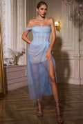 Astrarty Blue One Shoulder Lace Split Midi Dress