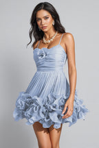 Serady Blue Spaghetti Flower Ruffle Mini Dress