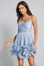 Serady Blue Spaghetti Flower Ruffle Mini Dress