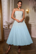 Sorirt Blue Strapless Ruched Mesh Midi Dress