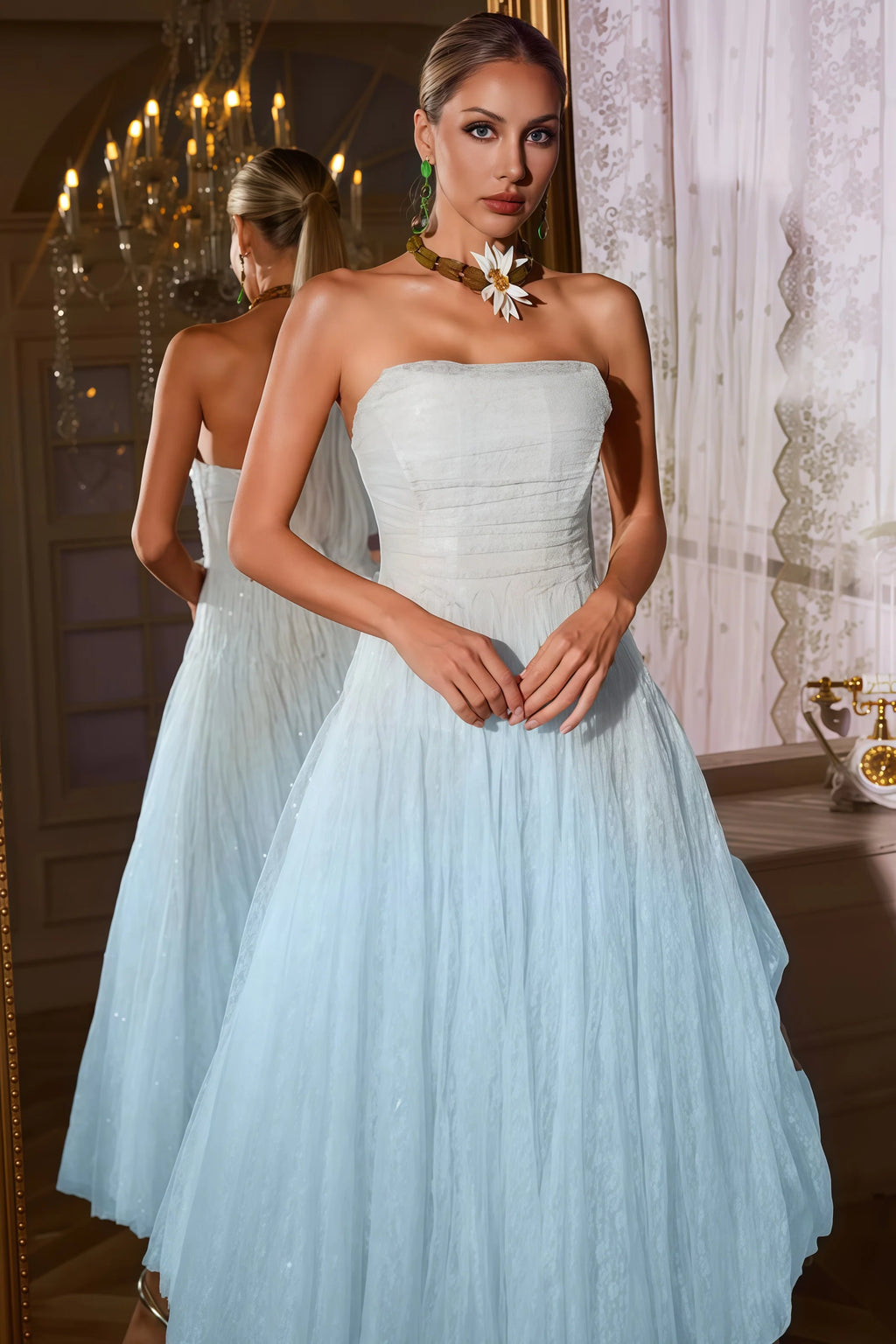 Sorirt Blue Strapless Ruched Mesh Midi Dress