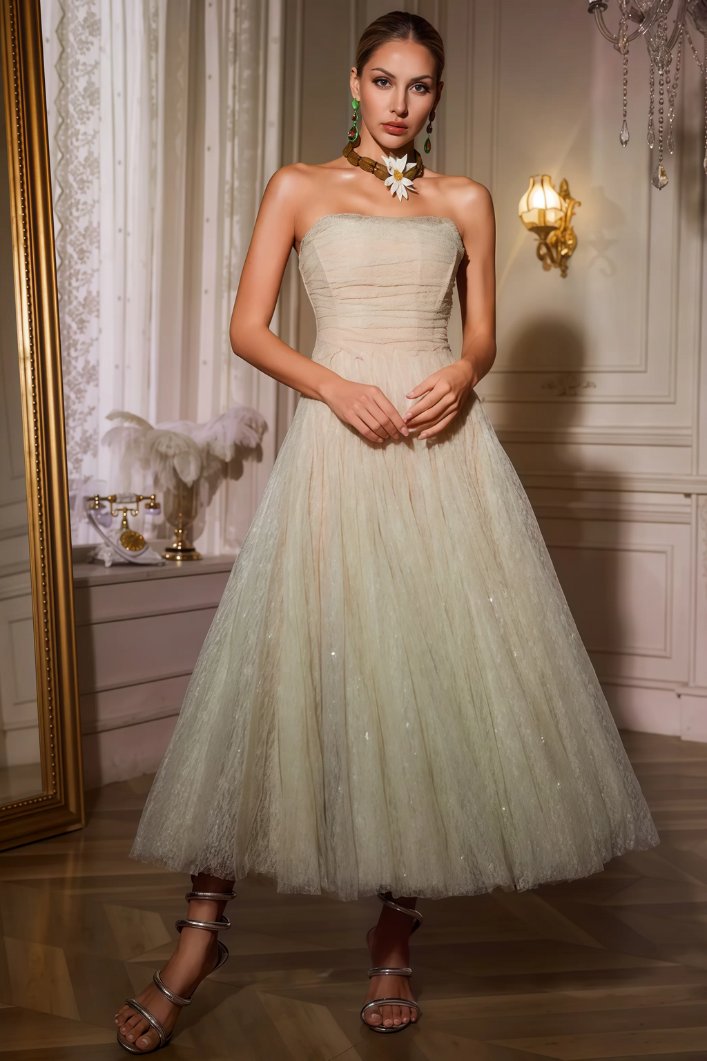 Rivend Green Strapless Ruched Mesh Midi Dress