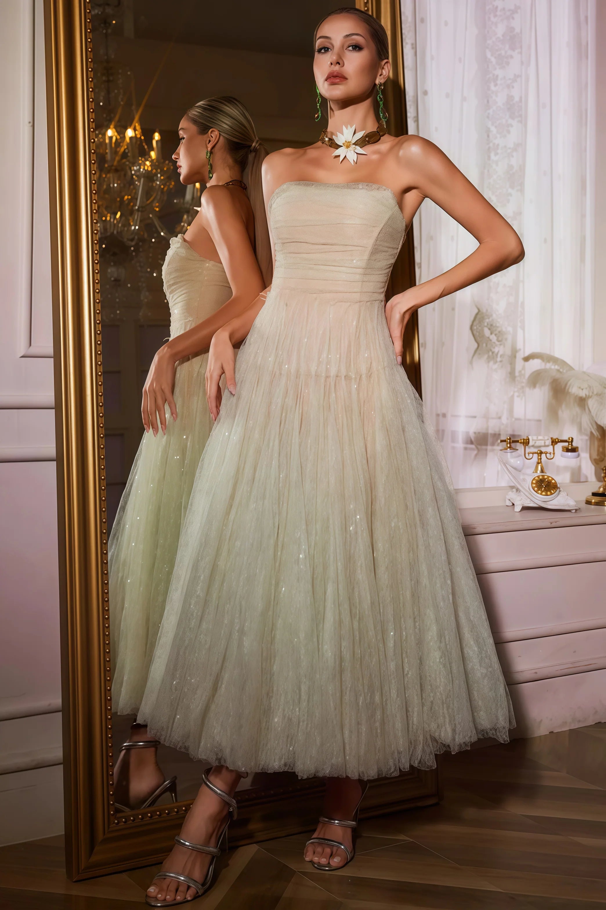 Rivend Green Strapless Ruched Mesh Midi Dress