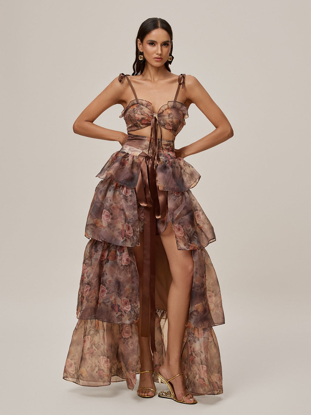 Floral Printed Skirt Set In Brown