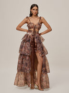 Floral Printed Skirt Set In Brown