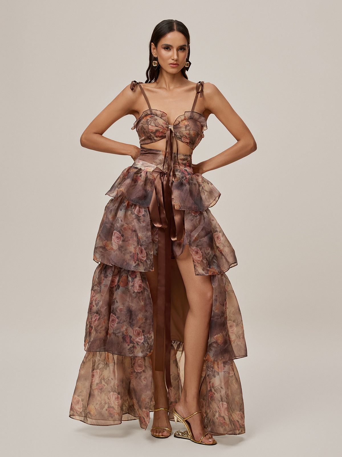 Floral Printed Skirt Set In Brown