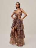 Floral Printed Skirt Set In Brown