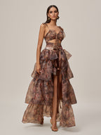 Floral Printed Skirt Set In Brown