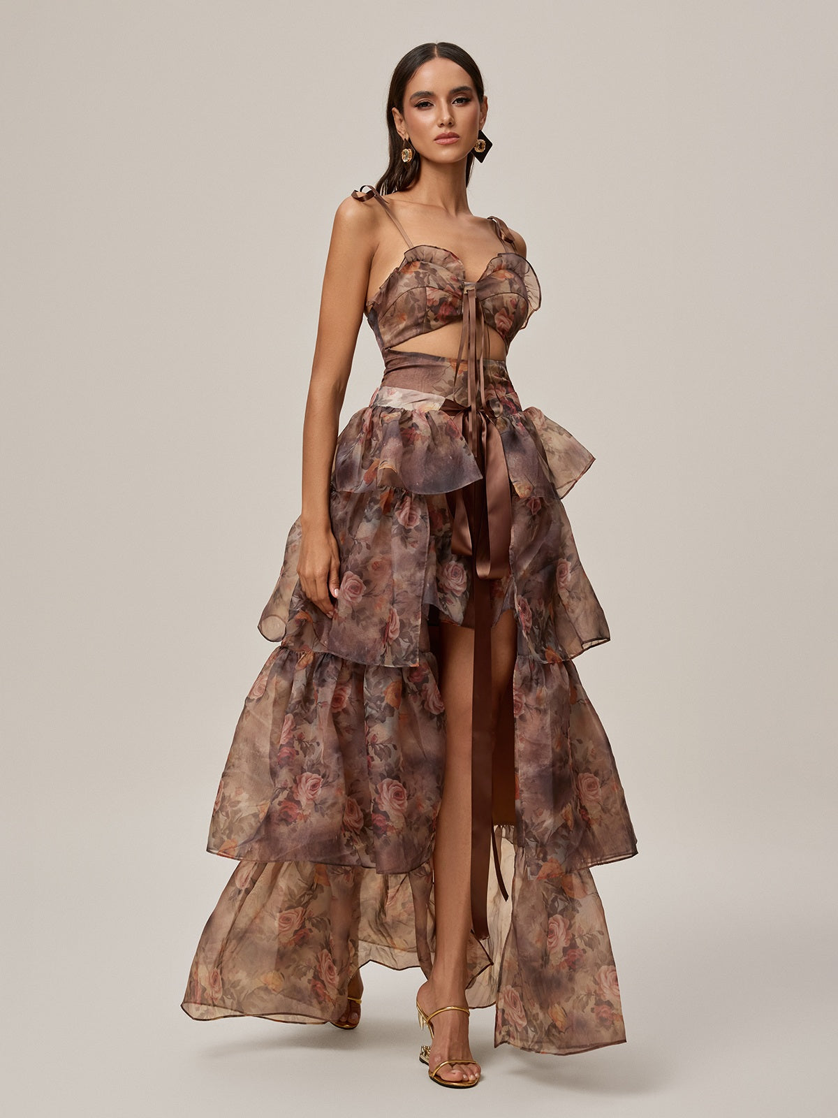Floral Printed Skirt Set In Brown