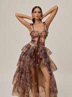 Floral Printed Skirt Set In Brown