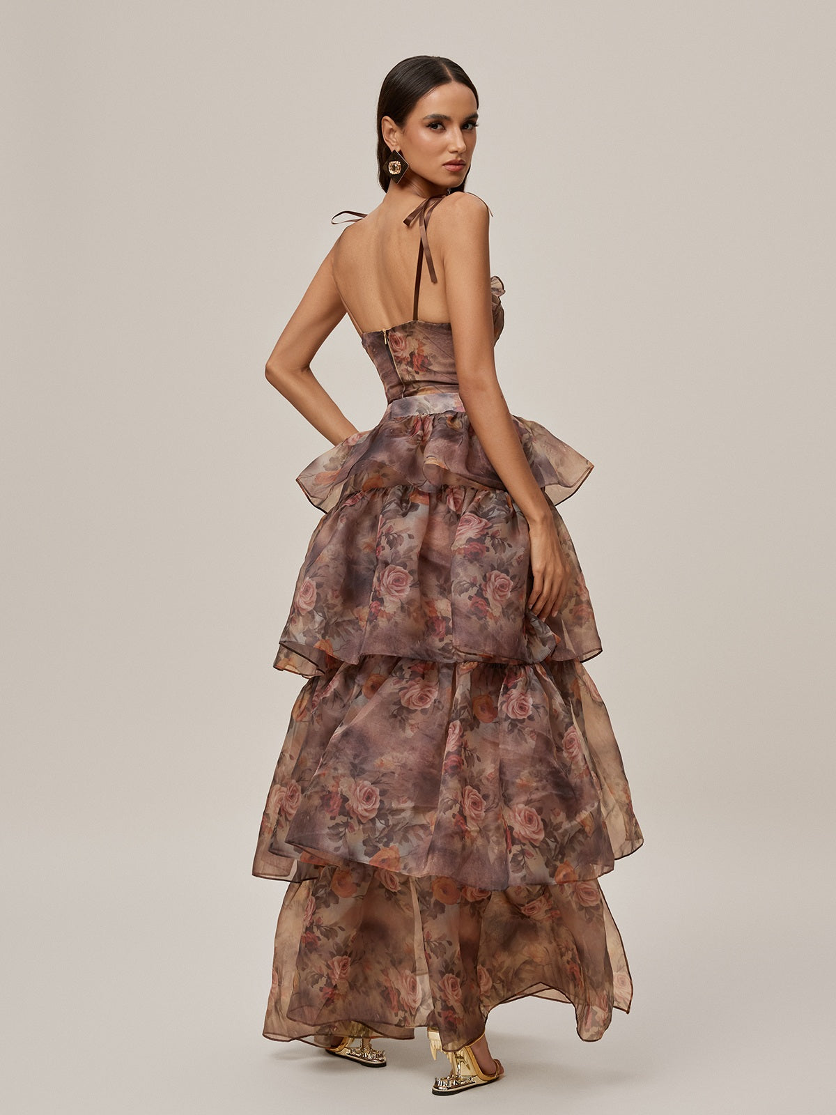 Floral Printed Skirt Set In Brown