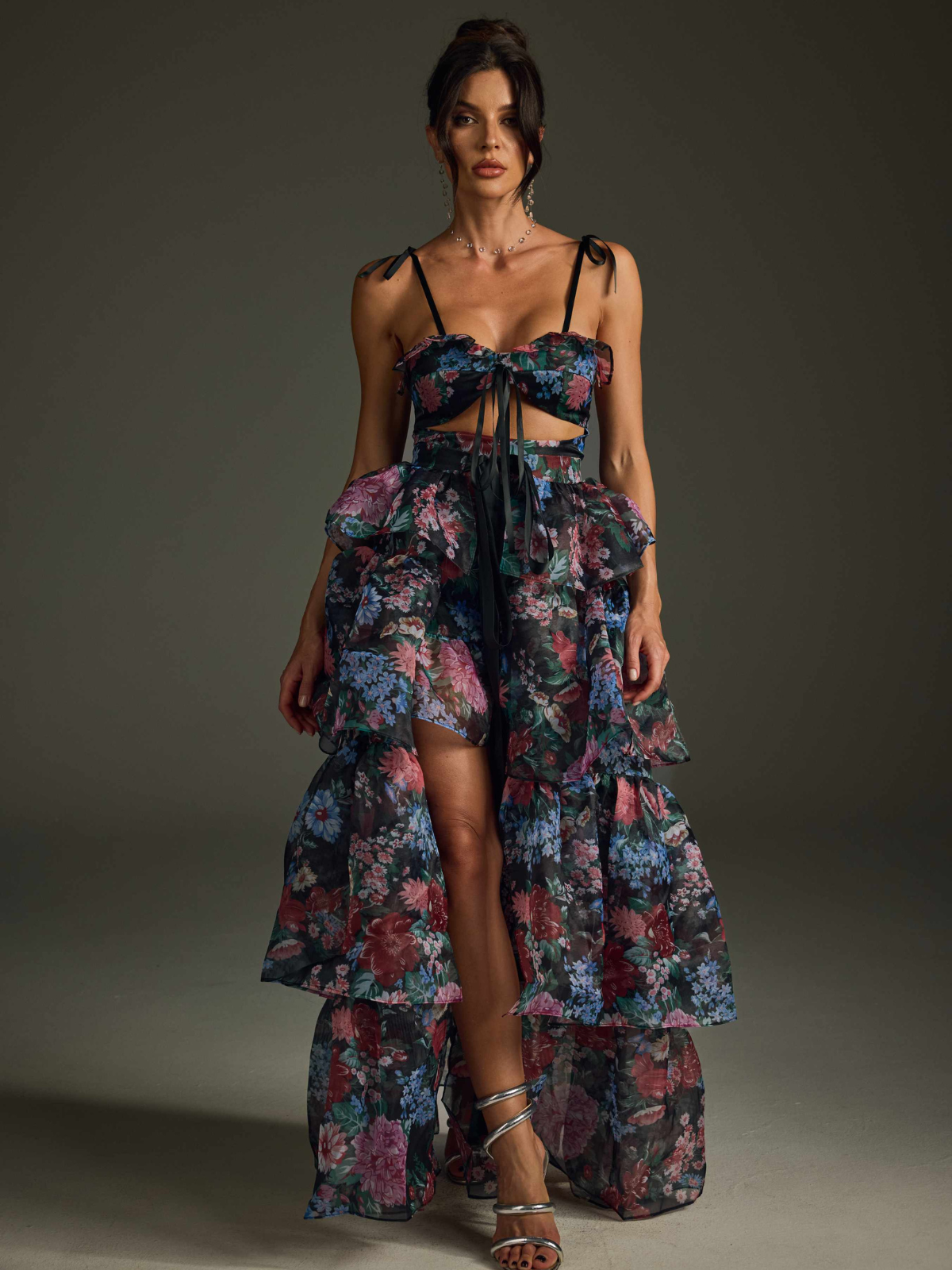 Floral Printed Skirt Set In Black