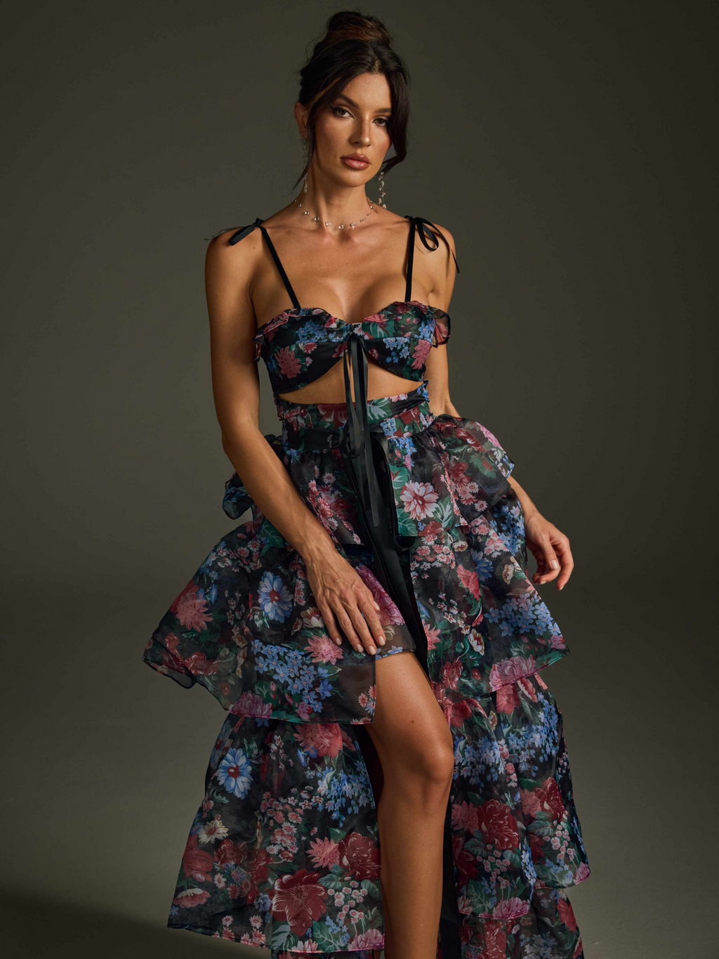 Floral Printed Skirt Set In Black