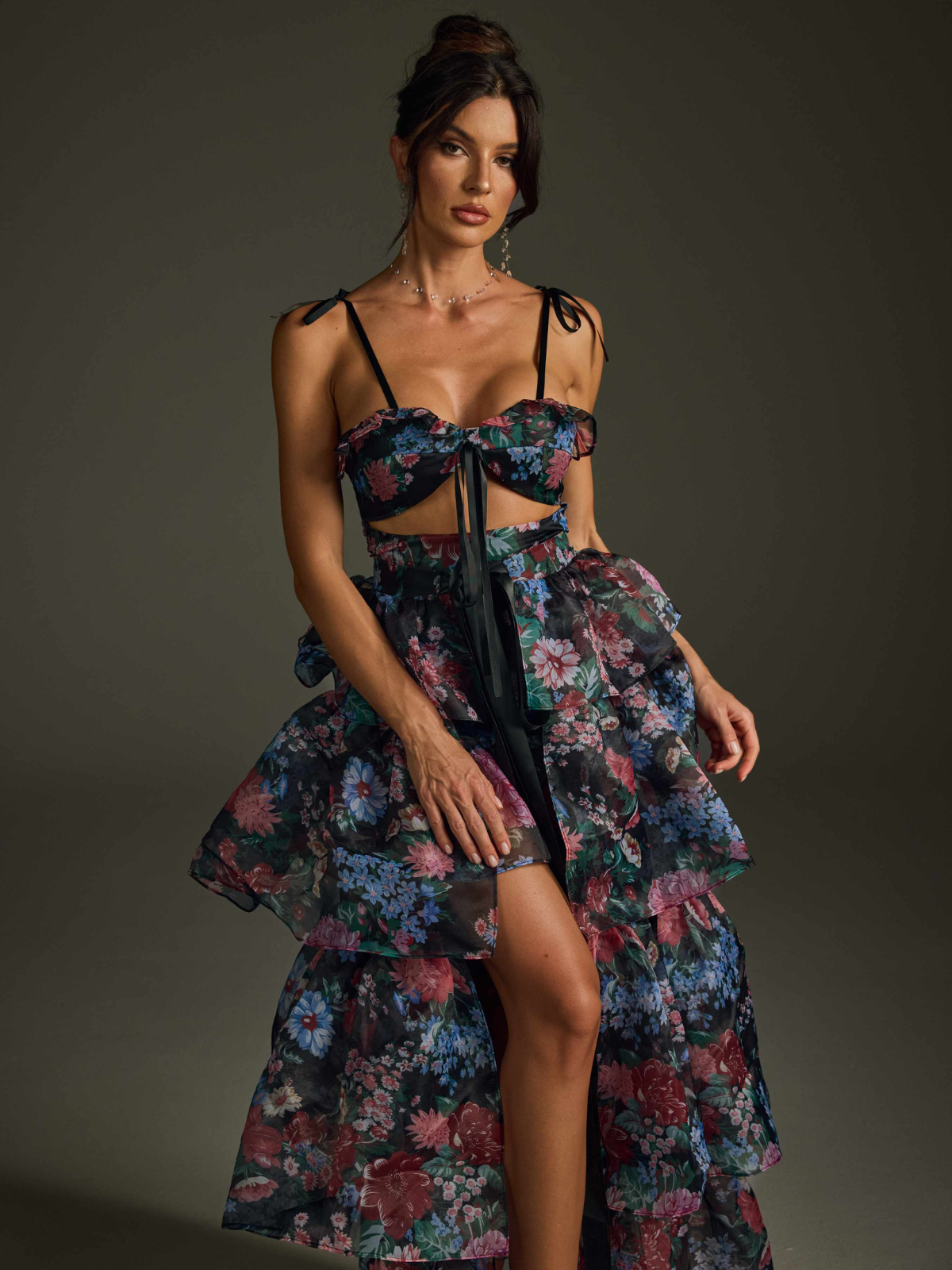 Floral Printed Skirt Set In Black