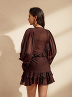 Balloon Sleeve Ruffle Mini Dress In Coffee