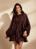 Balloon Sleeve Ruffle Mini Dress In Coffee