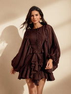 Balloon Sleeve Ruffle Mini Dress In Coffee
