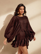 Balloon Sleeve Ruffle Mini Dress In Coffee