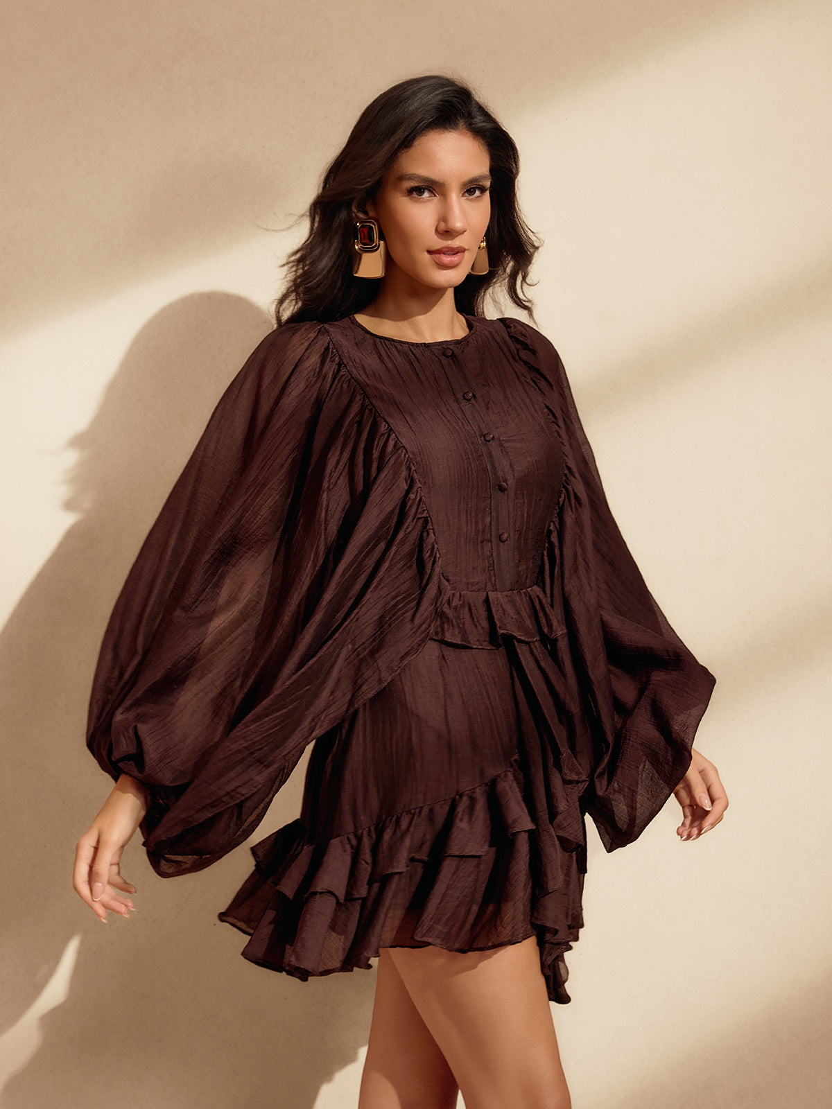 Balloon Sleeve Ruffle Mini Dress In Coffee