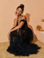 Titania One Shoulder Tulle Maxi Dress In Black