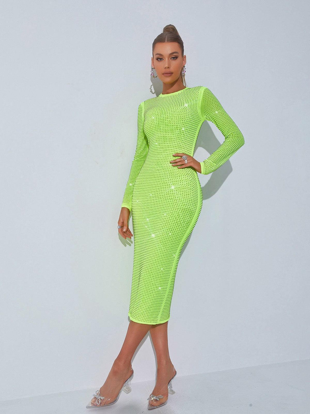 Crystal Embellished Midi Dress In Green