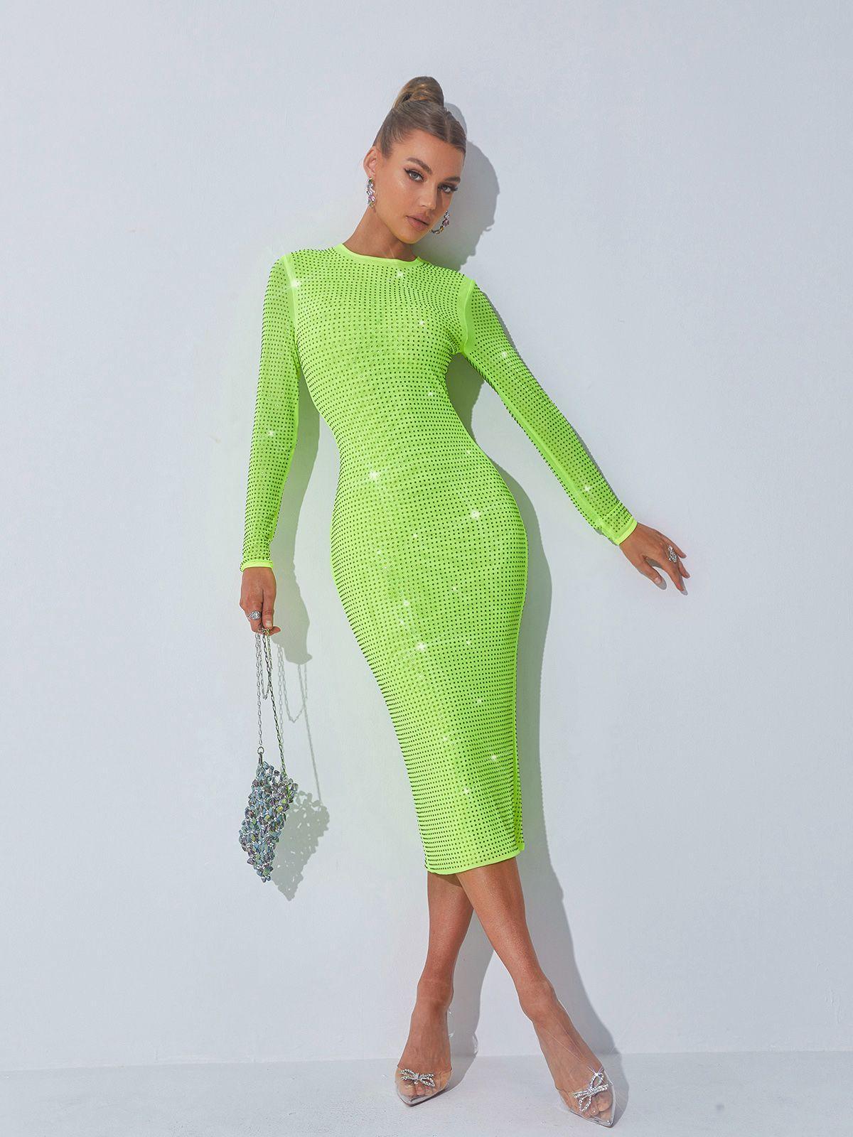 Crystal Embellished Midi Dress In Green