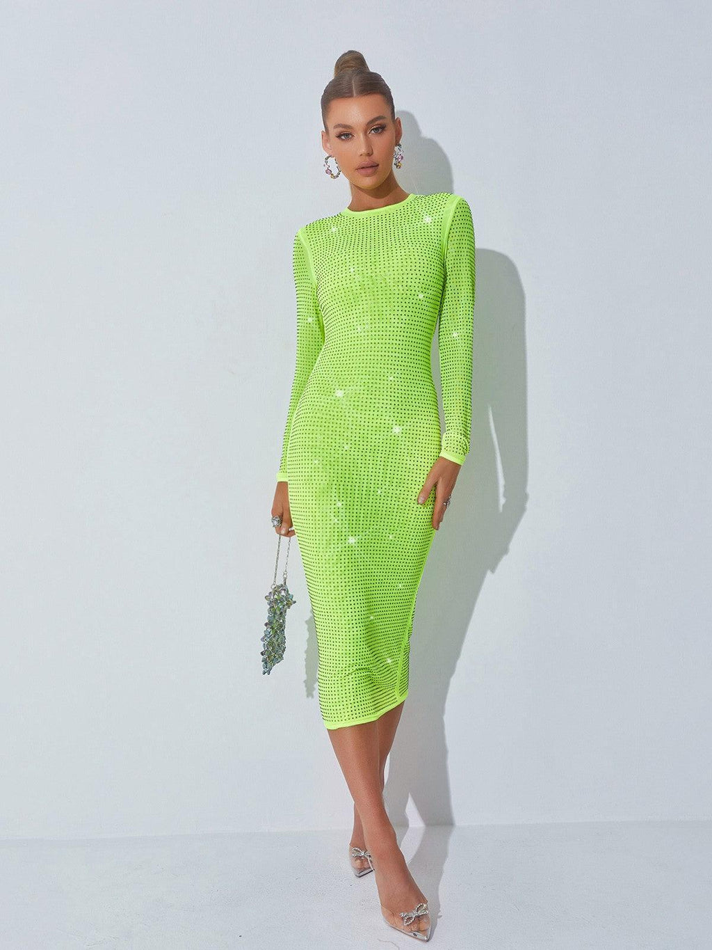 Crystal Embellished Midi Dress In Green