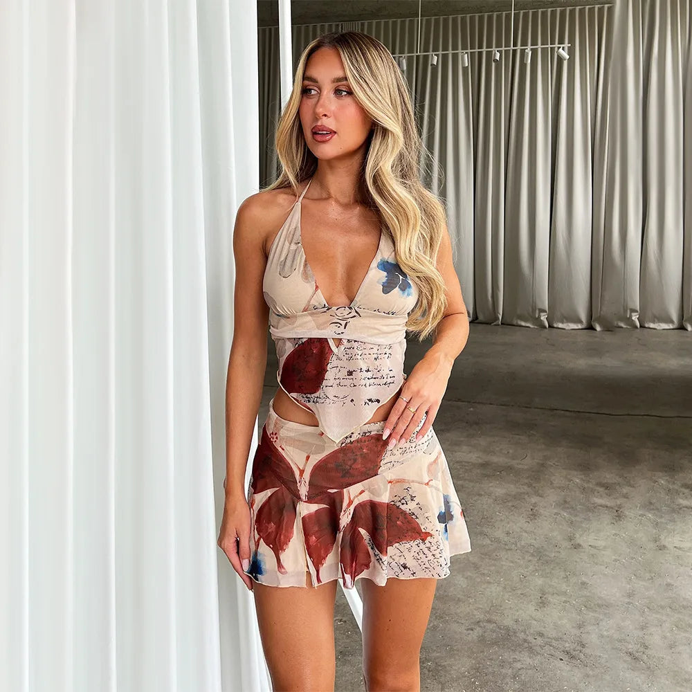Deep Vneck Floral Halter Mini Skirt