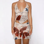 Deep Vneck Floral Halter Mini Skirt