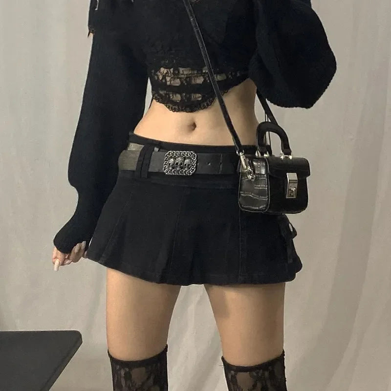 Goth Pastel Micro Mini Low Rise Black Pocket Patchwork ALine Skirt