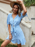 Fresh and Sweet V neck Bow Floral Dress