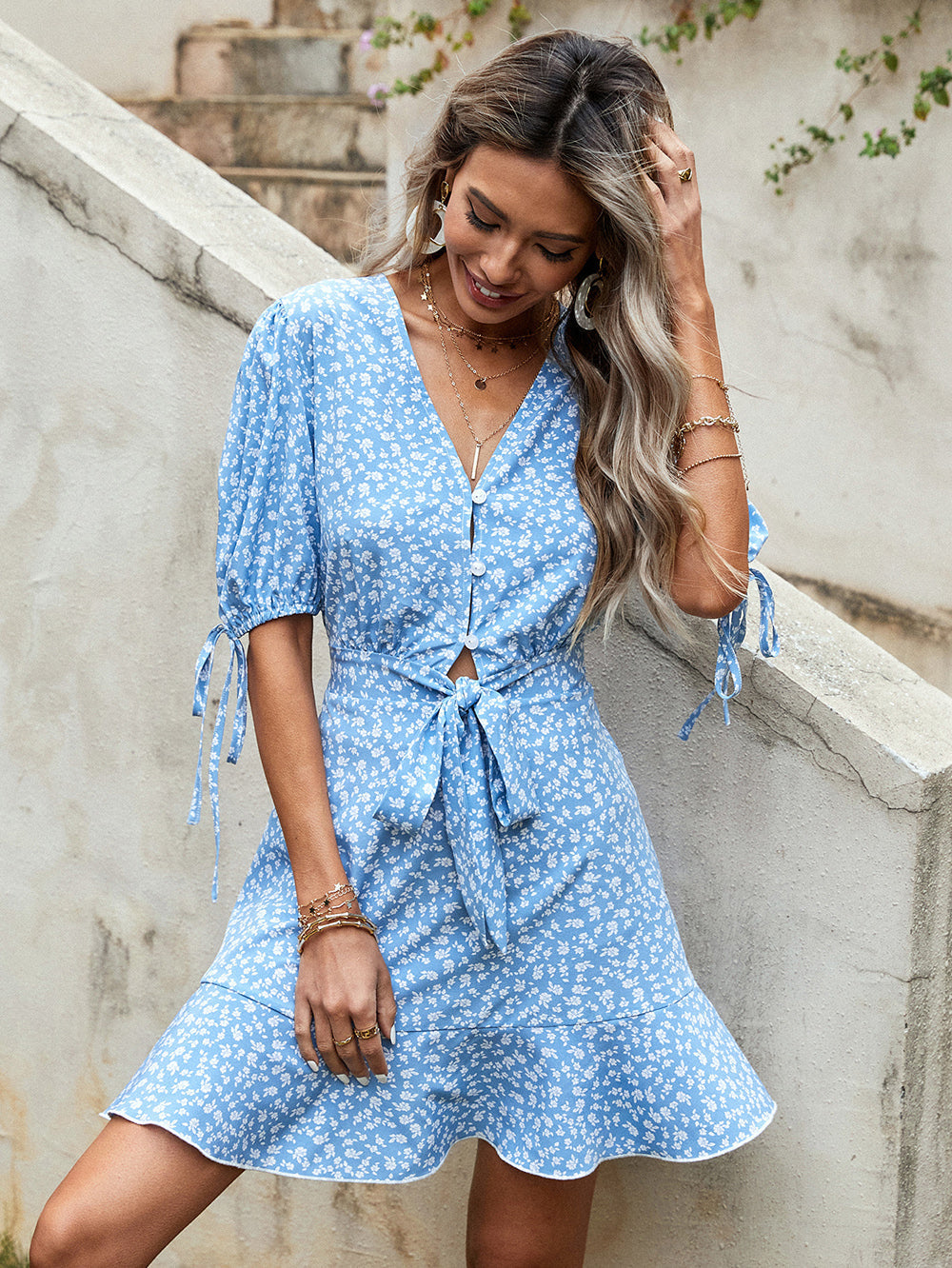 Fresh and Sweet V neck Bow Floral Dress