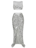 New Summer Silver Fashion Sequins Two-Piece Set Sleeveless Skirt Party Dress