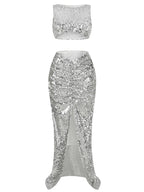 New Summer Silver Fashion Sequins Two-Piece Set Sleeveless Skirt Party Dress