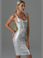 DressBetty - 2024 Summer Sexy Sleeveless Backless Gold Bronzing Midi Bodycon Dress