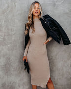 Newtown Mock Neck Knit Midi Dress Taupe