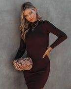 Newtown Mock Neck Knit Midi Dress Dark Brown