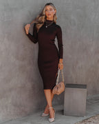 Newtown Mock Neck Knit Midi Dress Dark Brown