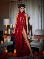 High Collar Tulle Dress In Red