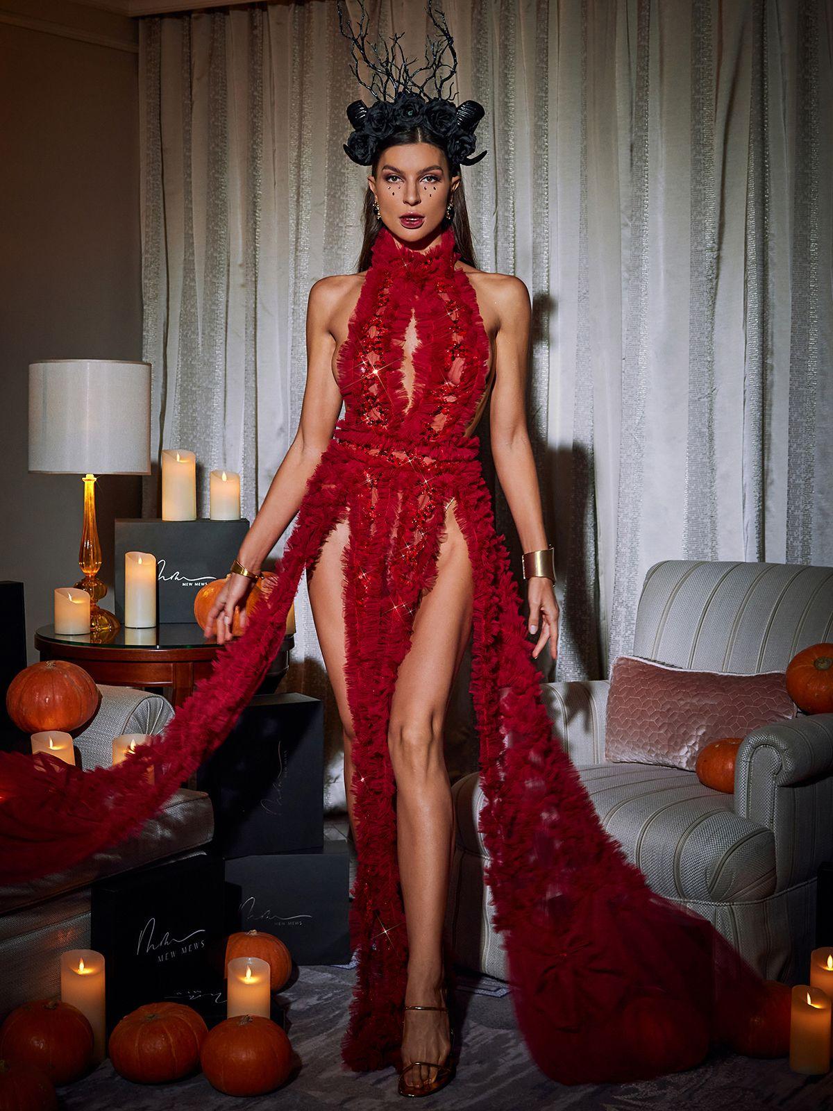 High Collar Tulle Dress In Red
