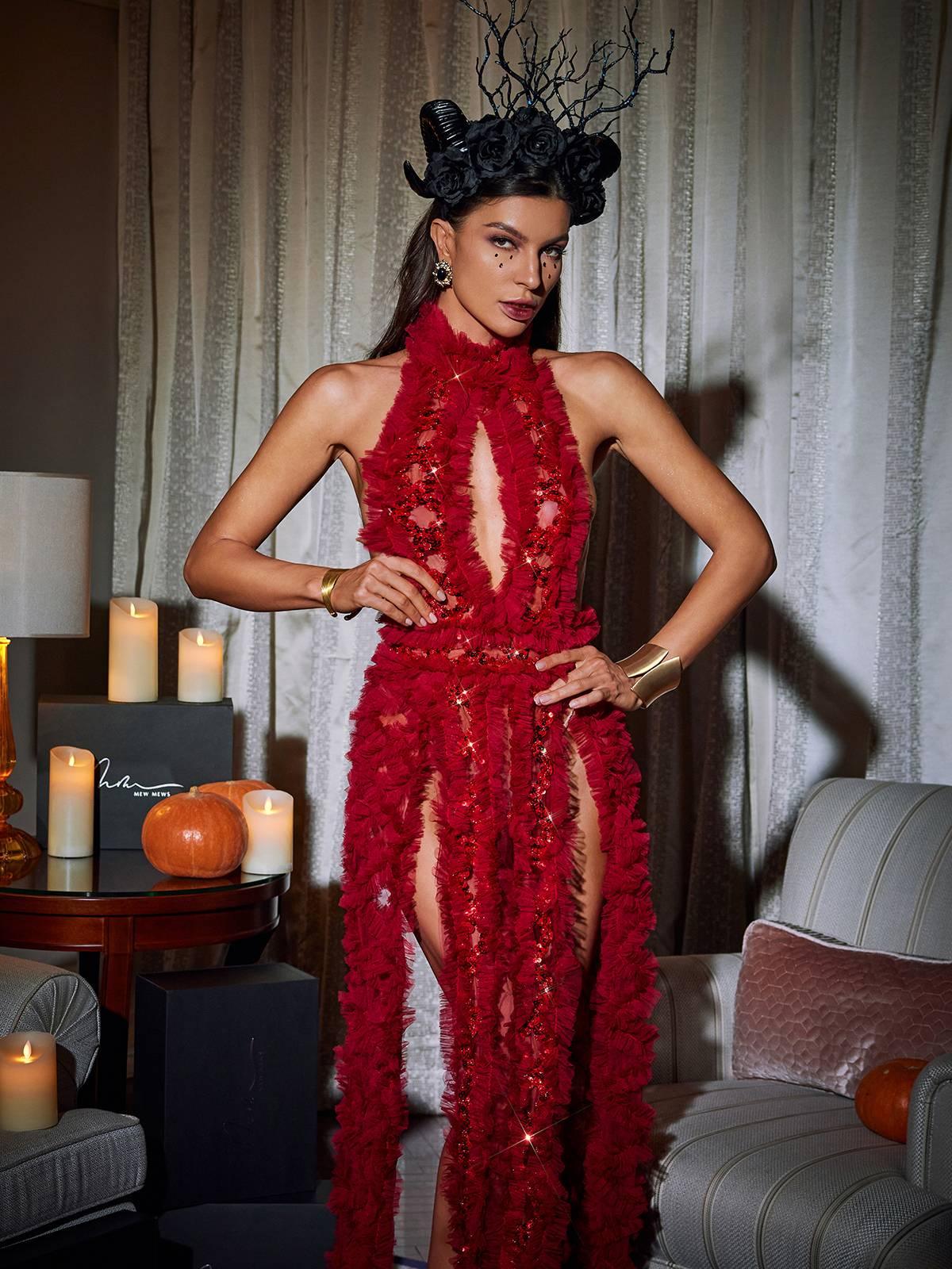 High Collar Tulle Dress In Red