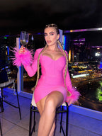 Nixie Long Sleeve Feather Bandage Dress In Hot Pink